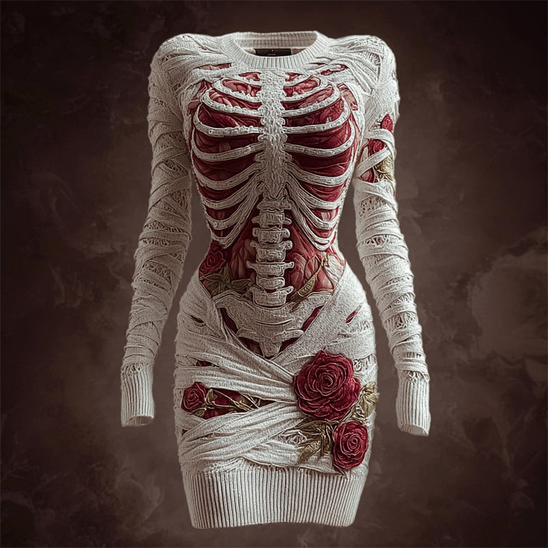 Comstylish Skeleton Anatomy Roses Bandages Cozy Knit Sweater Dress