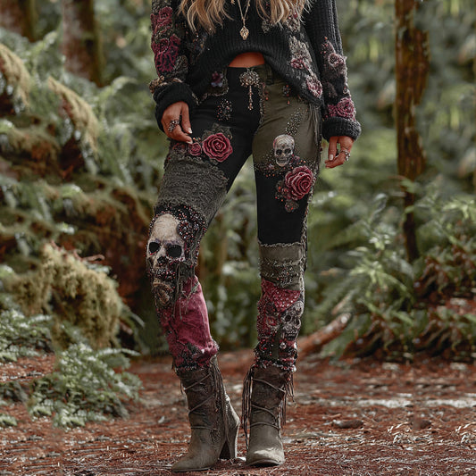 Comstylish Rose Skull Gothic Patchwork Rock Leggings