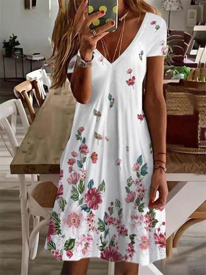MW | Women's Sundress Midi-Kleid kurze Ärmel Floral Print Sommer lässig V Hals lose Kleider Plus Größe 2024 Weibliche Kleidung Vestidos