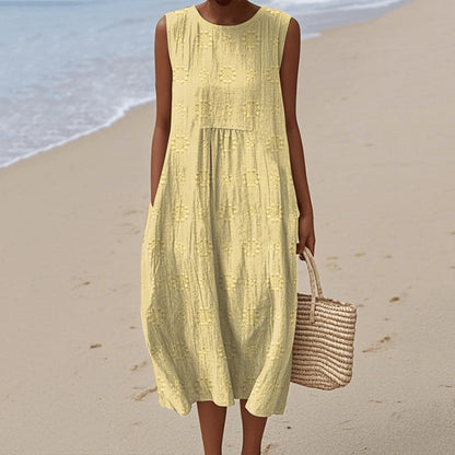 Vintage Loose Flower Art Sleeveless Cotton And Linen Tank Dress artswardrobe