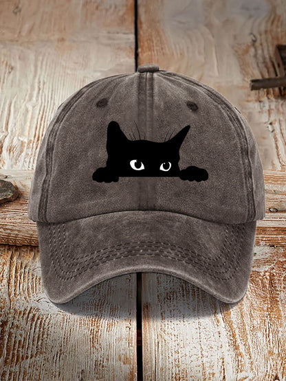 Comstylish Unisex Washed Cotton Bend Casual Black Cat Print Hat