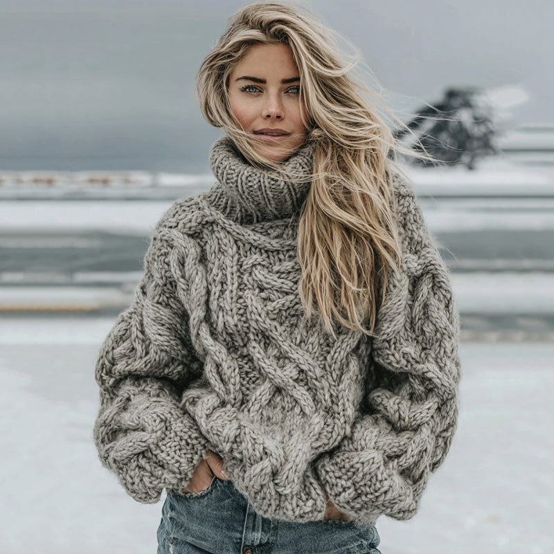 Baumwollpullover mit übergroßem Zopfmuster und Rollkragen
