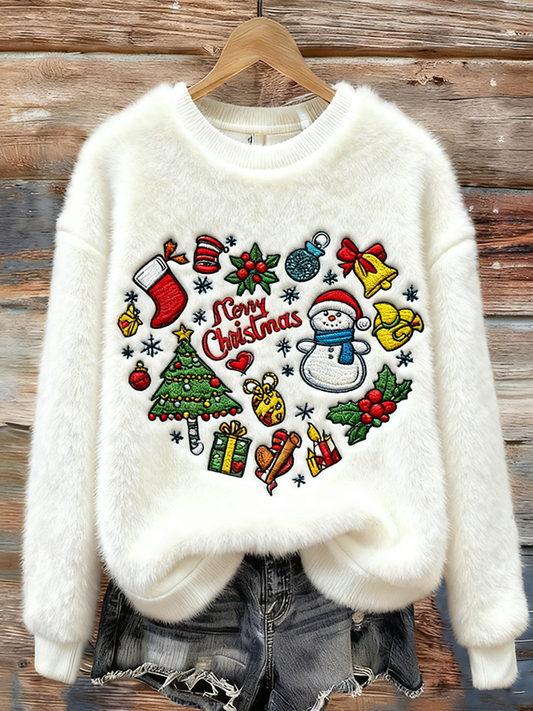 Lady Christmas Winter Warmth Round Neck Flannel Sweatshirt