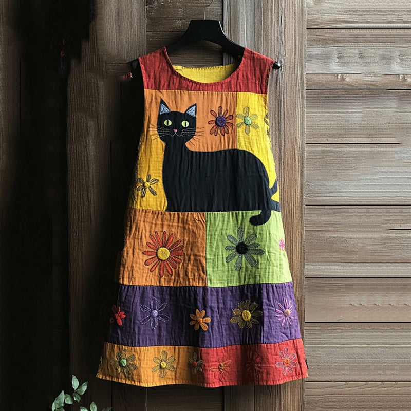 Comstylish Vintage Black Cat Peeking With Floral Color Block Art Linen Tank Dress