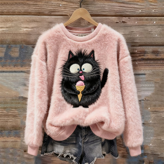 Funny Fuzzy Black Cat Embroidered Cozy Plush Sweatshirt elevenforest