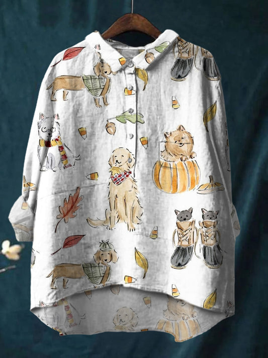 Hand Drawn Cartoon Pattern Kitten Leaves Printed Cotton And Linen Shirt