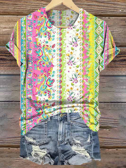 Vintage Floral Art Print Casaul Short Sleeve T-shirt