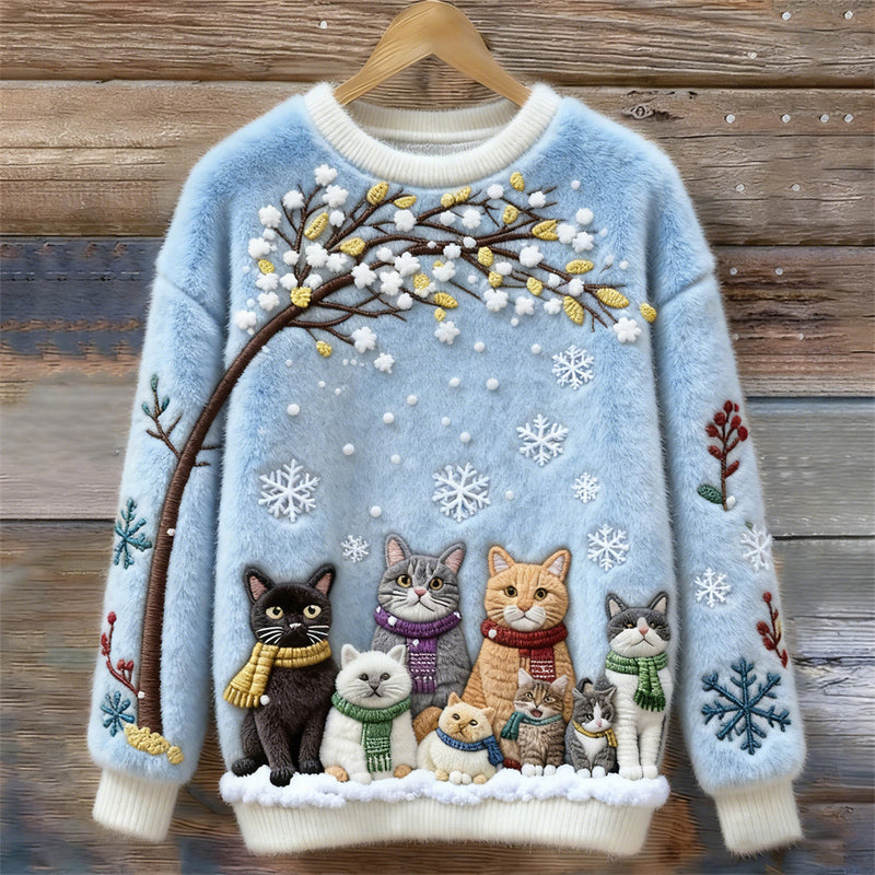 Baumwollpullover mit Katzen unter verschneitem Baum mit Schals