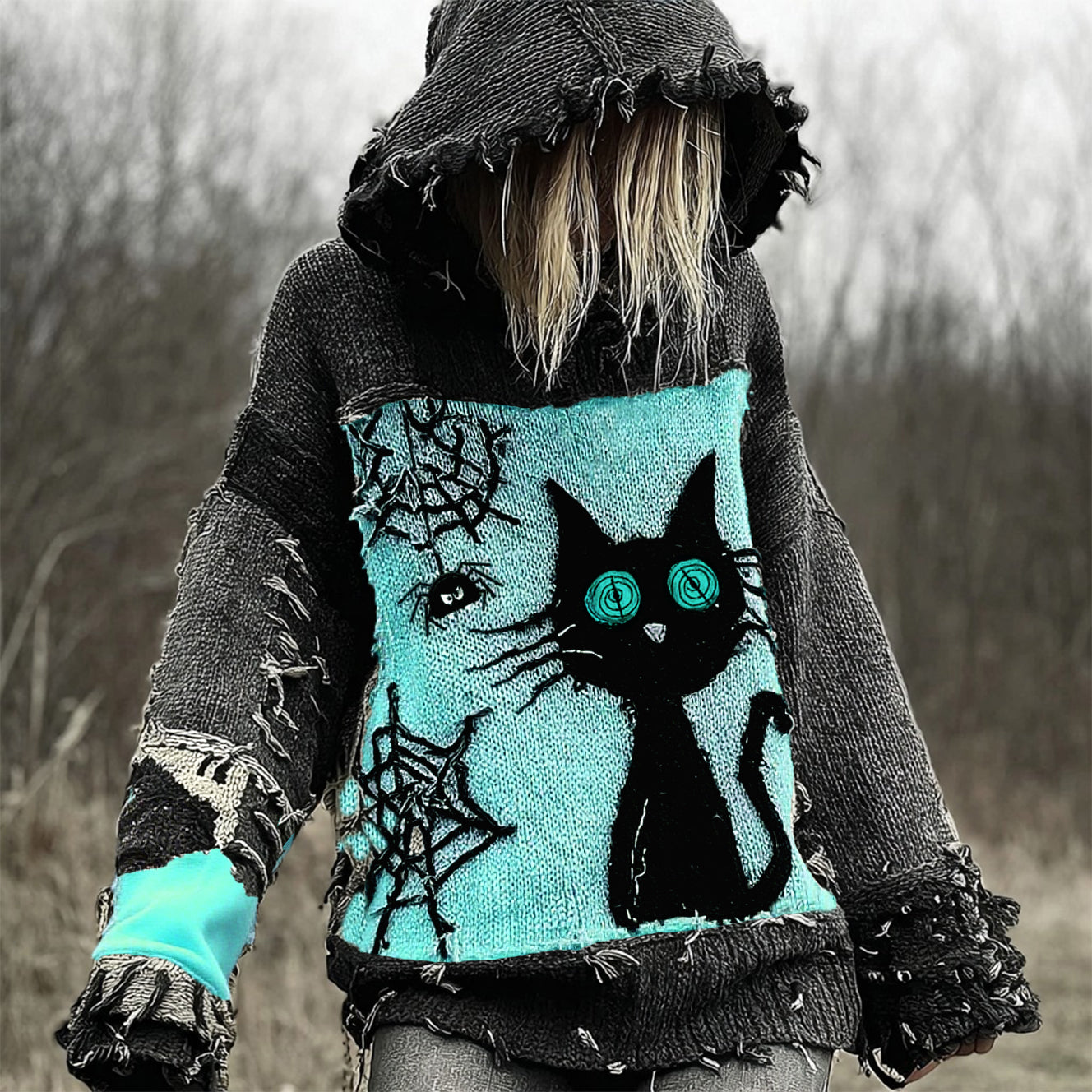 Halloween Scared Black Cat Patchwork Stitched Cozy Knit Hooded artswardrobe