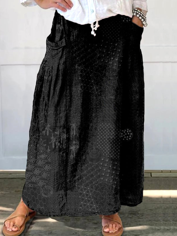 Comstylish Japanese Traditional Sashiko Art Linen Blend Pocket Half Skirt