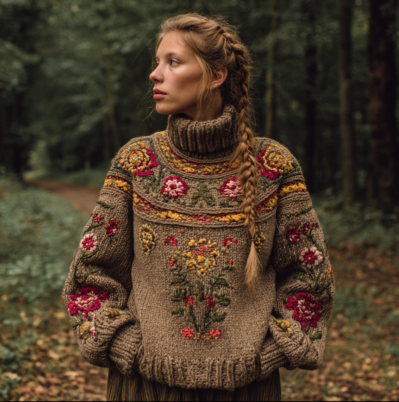 Baumwoll-Rollkragenpullover mit volkstümlich gestickten Blumen und Rippkragen