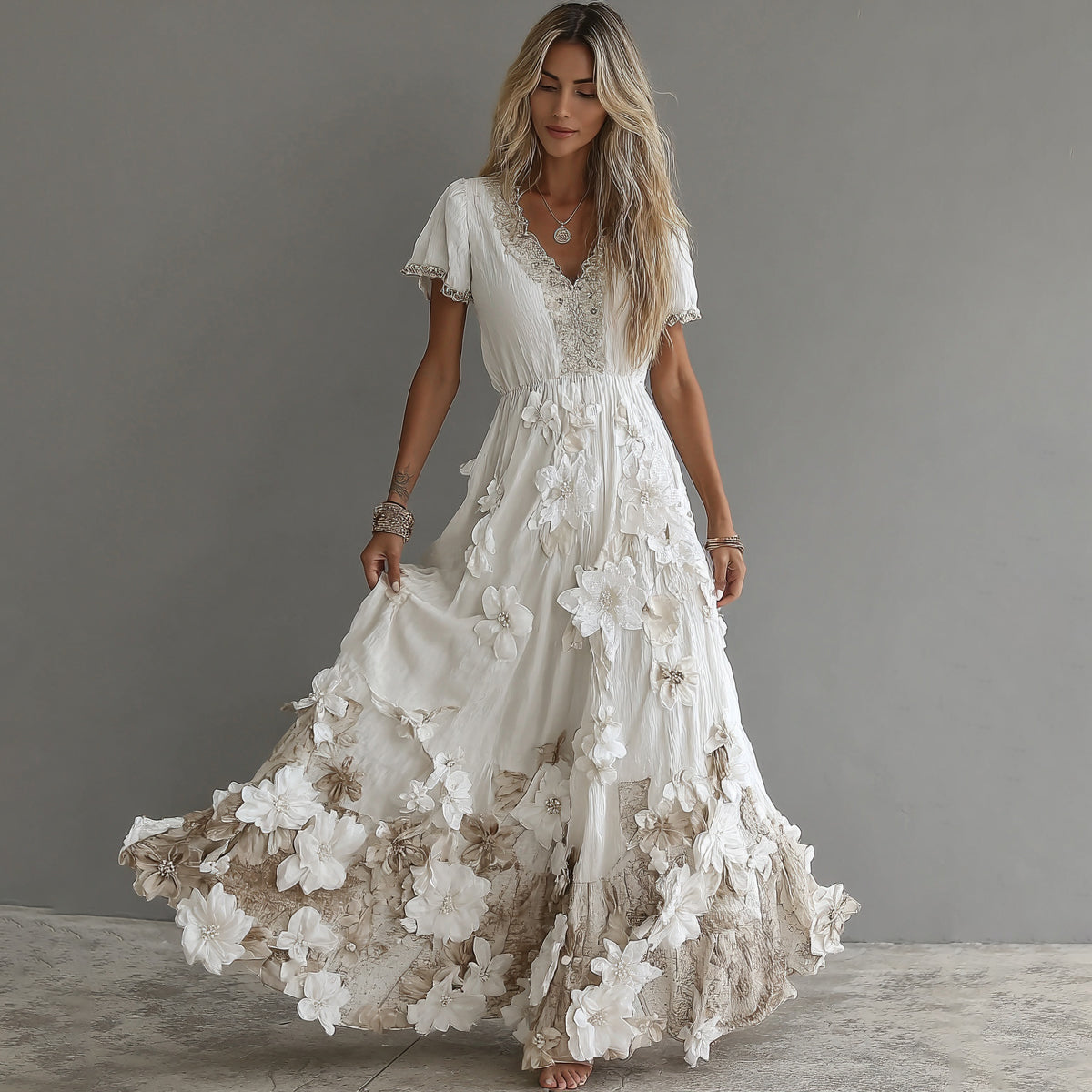 Comstylish Women's Vintage Boho Floral Art Short-sleeved Maxi Dress