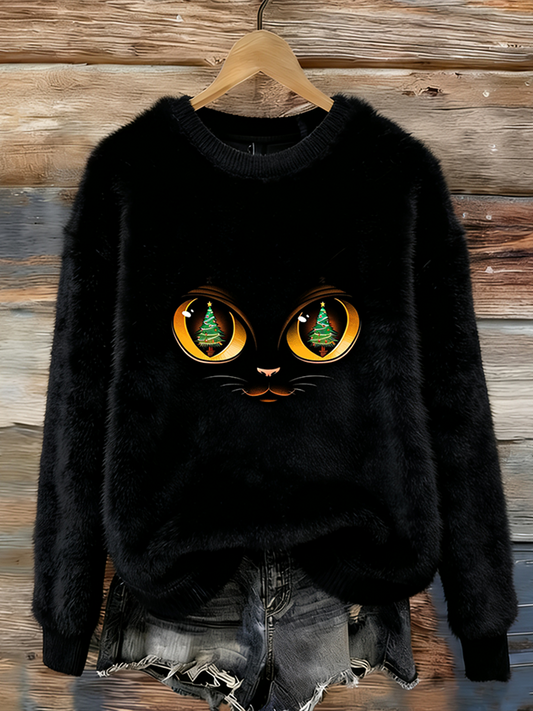 Comstylish Interesting Christmas Cat Lady Round Neck Flannel Sweatshirt