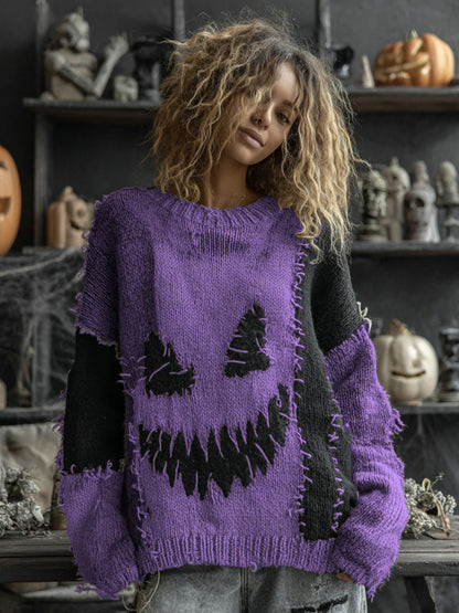 Halloween Spooky Face Contrast Stitched Cozy Knit Sweater elevenforest