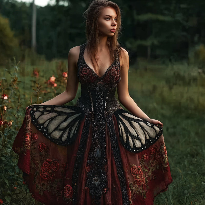 Comstylish Vintage Mystical Butterfly & Roses Glitter Flowy Wide Skirted Dress