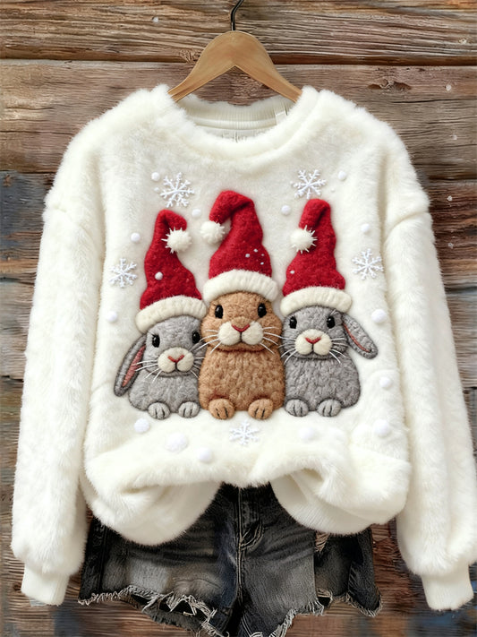 Bunnies With Christmas Hats Snowflakes Cozy Plush Sweatshirt