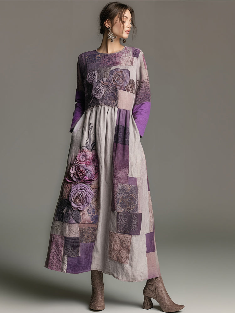 Vintage Purple Roses Embroidered Patchwork Linen Maxi Dress artswardrobe
