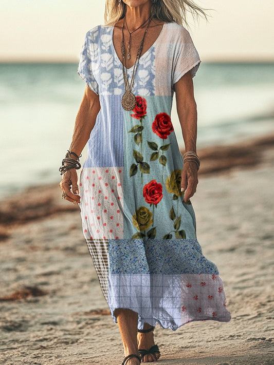 Women's Vintage Floral Patchwork Art Print Pocket Cotton Dress