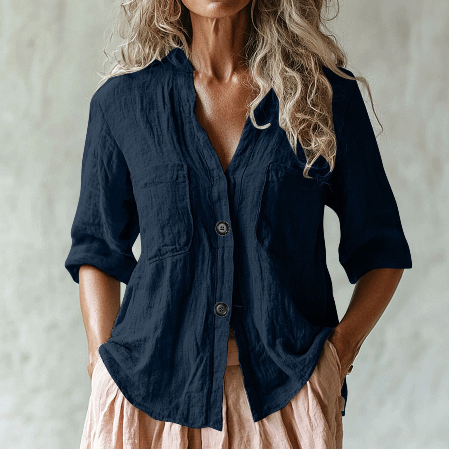 Women's Vintage Solid Color Multiple Pockets Linen Shirt artswardrobe
