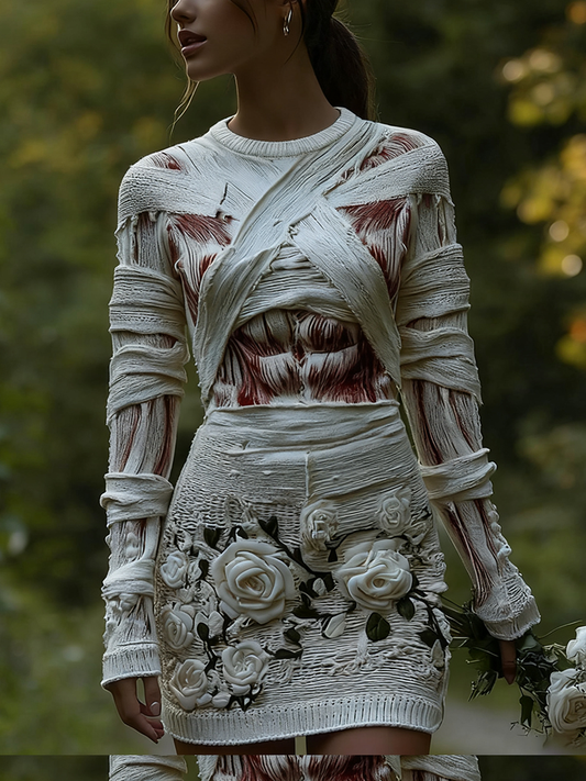 Comstylish Women's Halloween Muscle Anatomy Bandage With Rose Art Cozy Knit Mini Sweater Dress