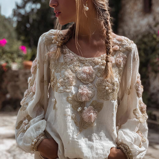 Comstylish Bohemian Style Three-dimensional Flower Pattern Women's V-neck Long-sleeve Cotton And Linen Shirt