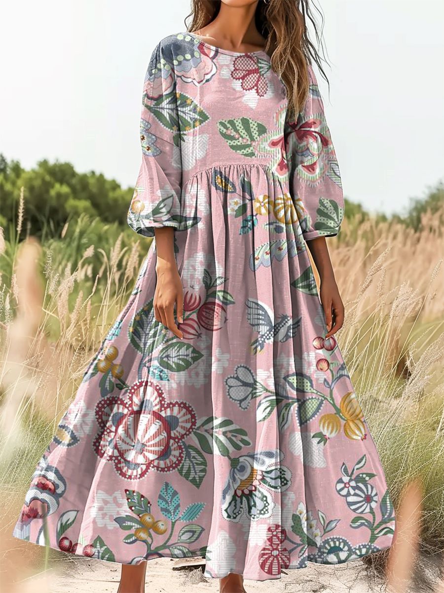 Women's Floral Art Print Cotton Crew Neck Dress