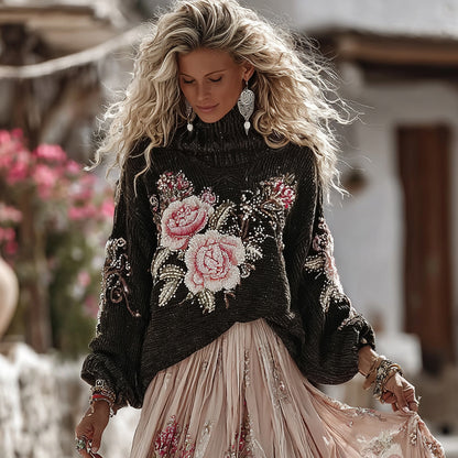 Vintage Rose In White Art Cozy Knit Turtleneck Sweater And Linen Skirt Two-piece Set elevenforest