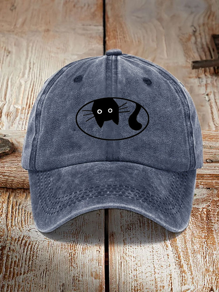 Japanese Art Black Cat Print Washed Hat elevenforest