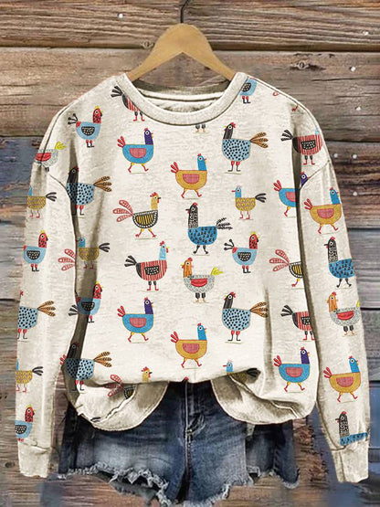 Comstylish Funny Farm Chicken Print Casual Cotton Sweatshirt