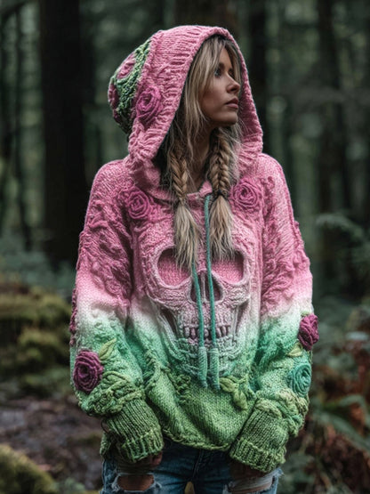Women's Vintage Viking Skull And Rose Gradient Art Knit Hooded Sweater artswardrobe