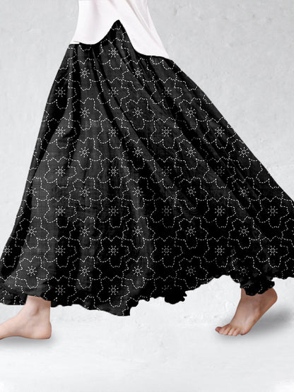 Comstylish Cherry Blossom Japanese Sashiko Art Linen Blend Flowy Wide Skirt