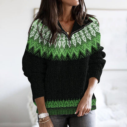 Vintage Tribal Icelandic Pattern Stand Collar Zip Sweater elevenforest