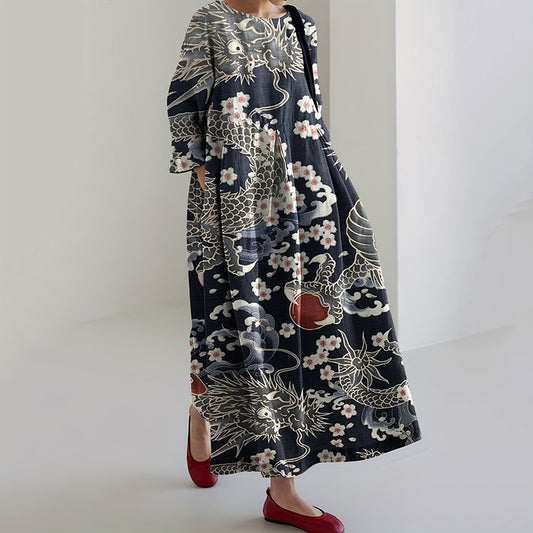 Comstylish Vintage Japanese Art Print Midi Dress