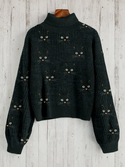 Cute Cat Face Pattern Warm Turtleneck Sweater elevenforest