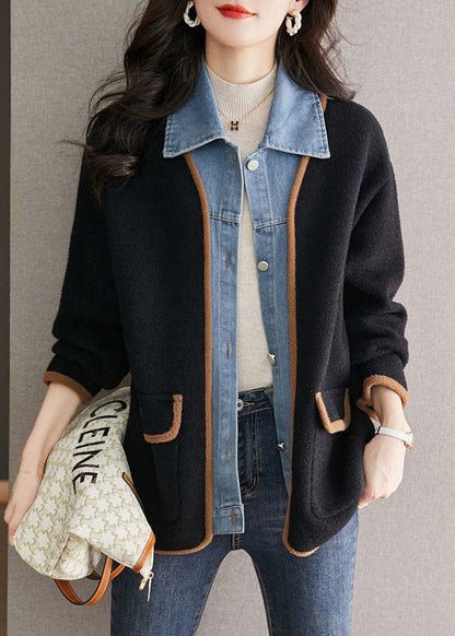 Einzigartiger schwarzer Wollmantel mit Peter-Pan-Kragen, Jeans-Patchwork, im Zweiteiler-Look, Herbst