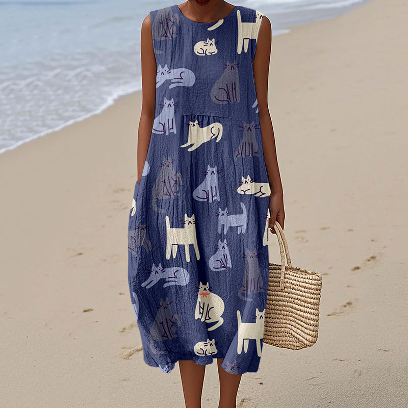 Lovely Cats Pattern Print Linen Tank Dress