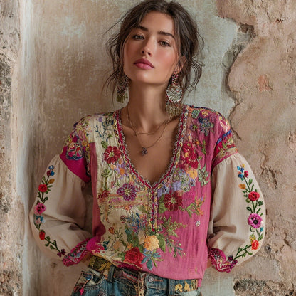 Comstylish Women's Bohemian Floral Embroidery Art V-neck Contrast Color Long Sleeve Linen Blend T-shirt
