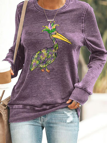 Comstylish Retro Mardi Gras Pelican Crown Purple Green And Gold Print Sweatshirt