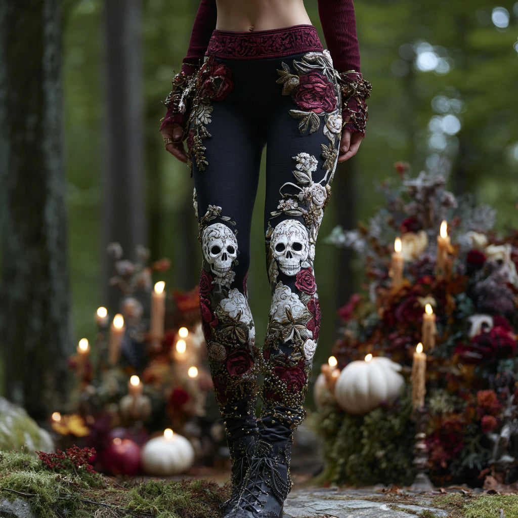 Comstylish Women's Vintage Rose Skull Art Comfort Leggings