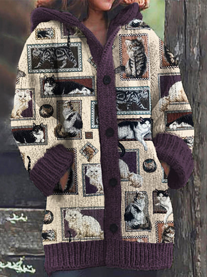 Comstylish Cats In Picture Frames Women's Hooded Sweater Cardigan