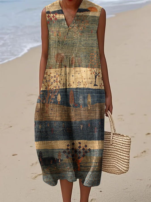 Vintage Hometown Rural Farm Art Linen And Cotton V Neck Tank Dress artswardrobe