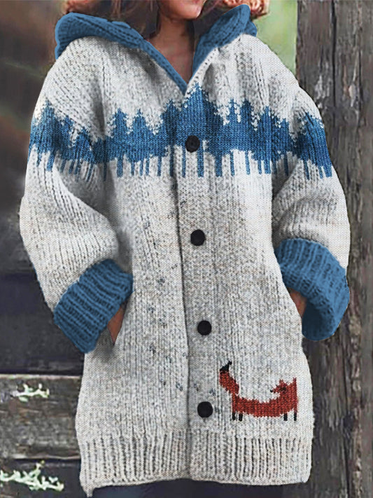 Forest Fox Pattern Women's Hooded Sweater Cardigan artswardrobe