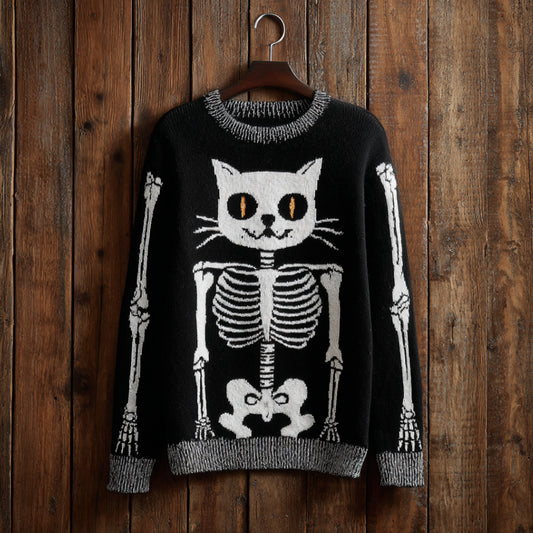 Halloween Cat Skull Art Black Round Neck Sweater elevenforest