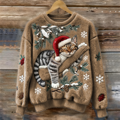 Christmas Lazy Cat Art Women's Cozy Plush Sweater artswardrobe