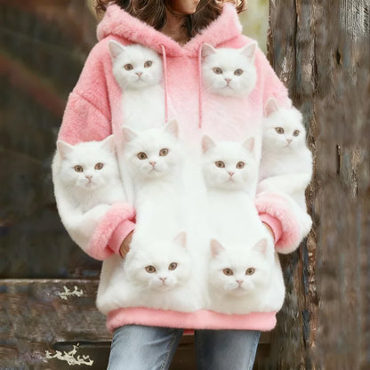 Comstylish Probe Cute Cat Flannel Hoodie