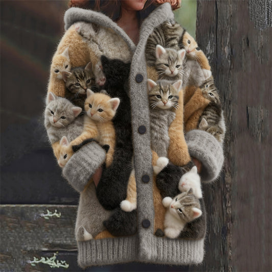 Comstylish Lovely Crowded Cats Felt Art Cozy Hooded Cardigan