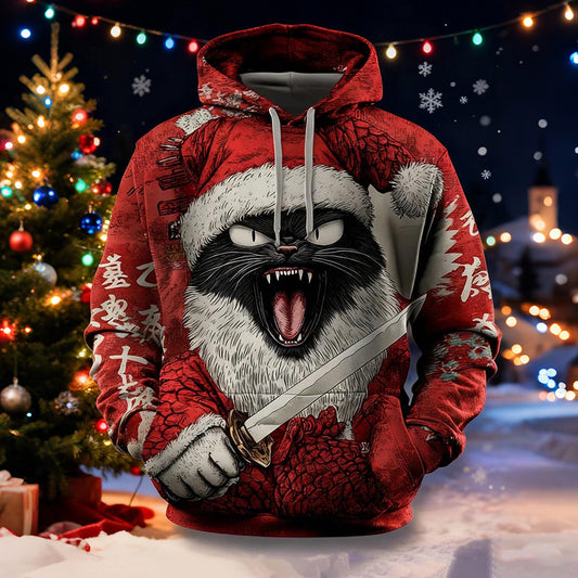 Comstylish Men's Christmas Black Cat Japanese Calligraphy Art Print Casual Hoodie