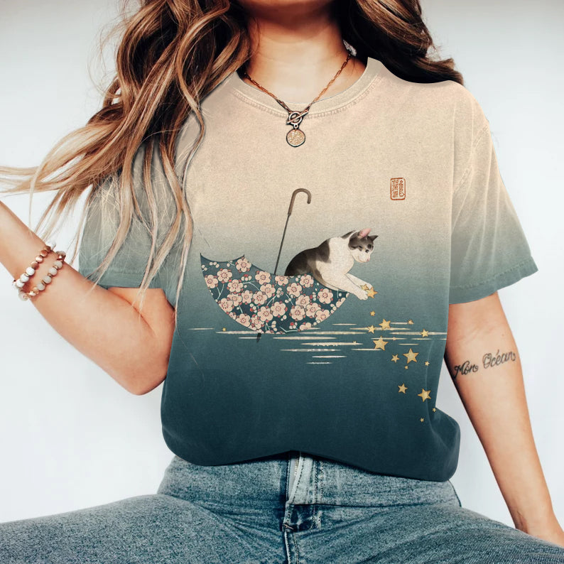 Casual Japanese Art Cat Flower Umbrella Print Round Neck T-Shirt elevenforest