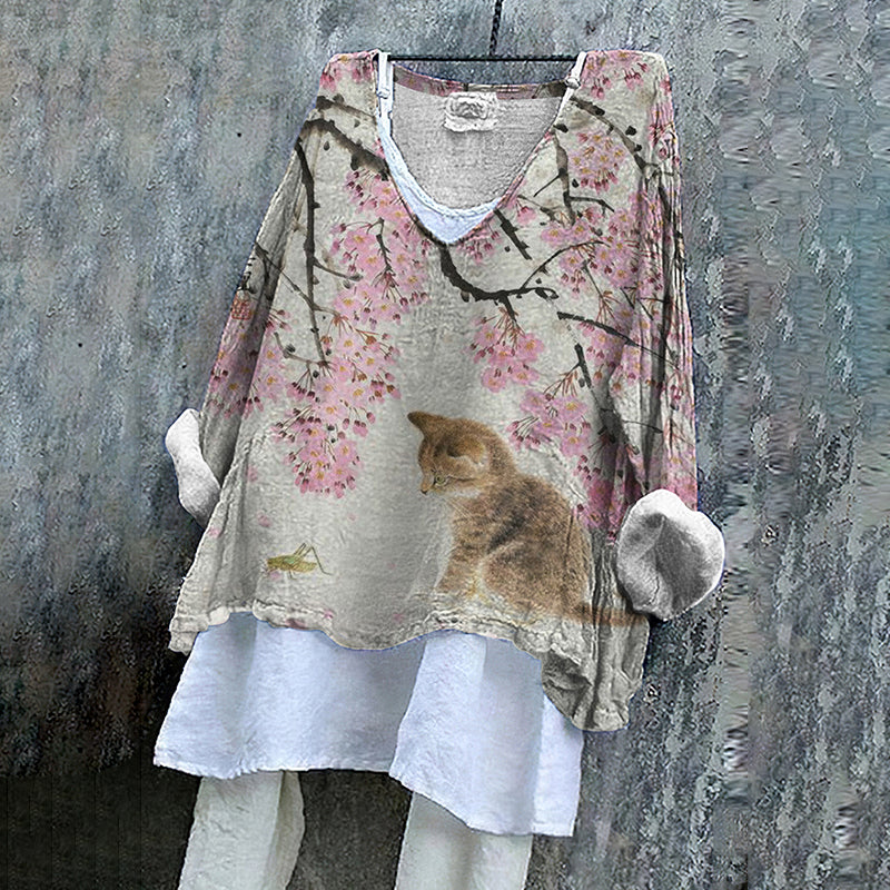 Women's Japanese Art Plum Blossom And Cat Loose Casual Shirt elevenforest