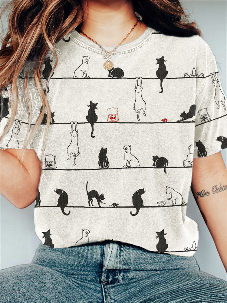 Lovely Cats Striped Vintage Washed T Shirt elevenforest